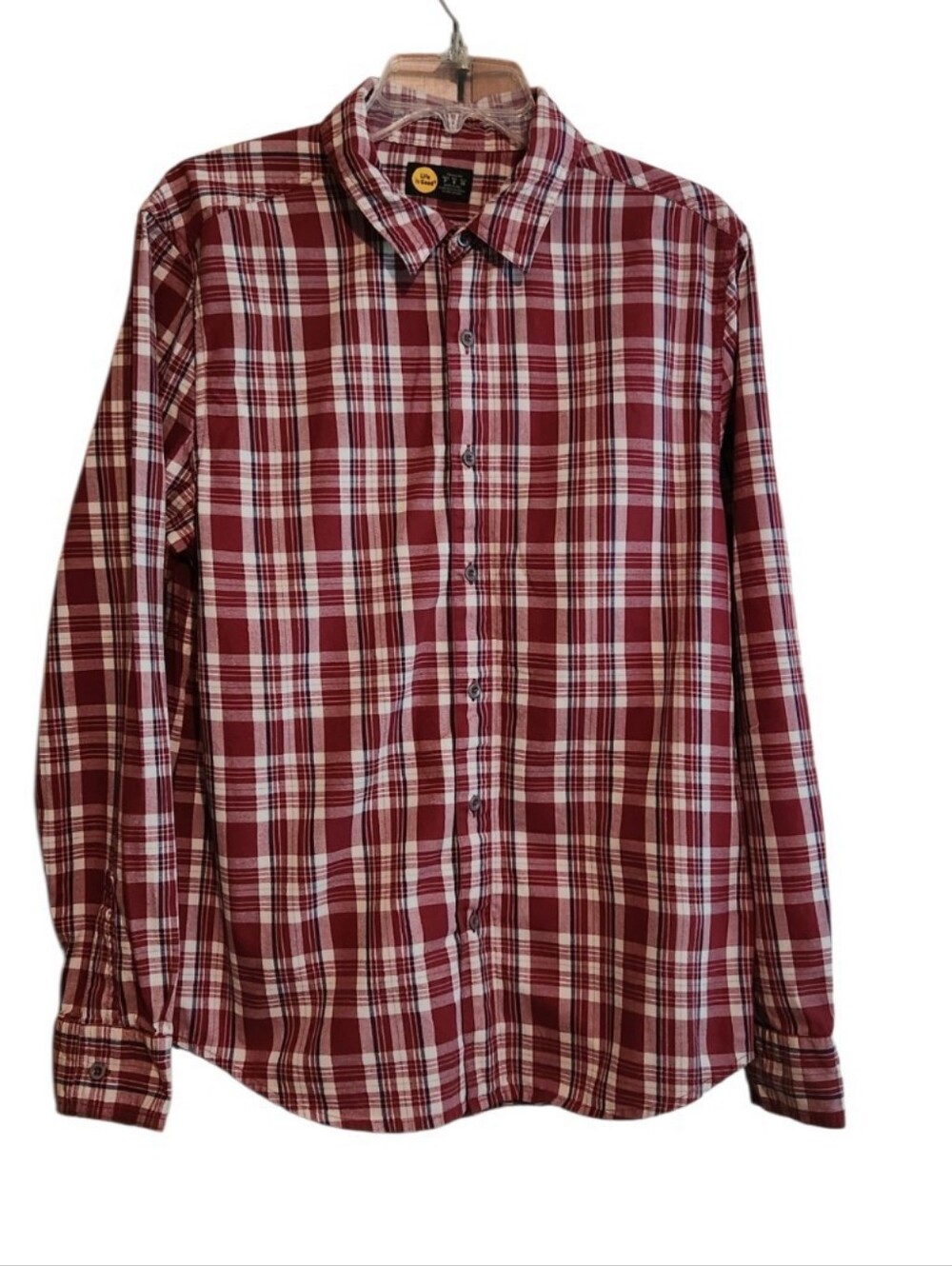 Life Is Good Men's Burgundy and White Plaid Button-Down Shirt